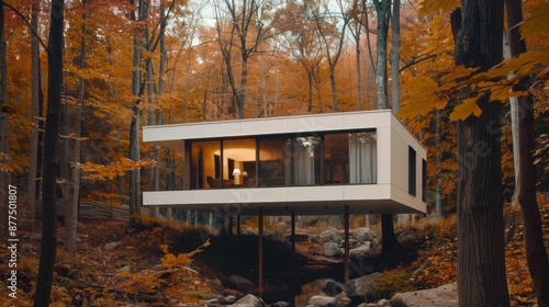 Minimalist style exterior of cottage in fall forest © Samvel