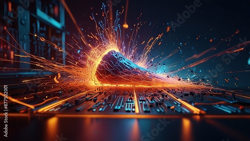 3d render of an abstract zoom effect background with exploding particles Realistic sparks of weld metal blade, firework