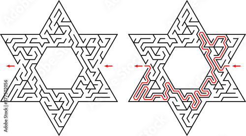 Maze inside the shape of Star of David. Original easy level of difficulty flat black and white labyrinth.