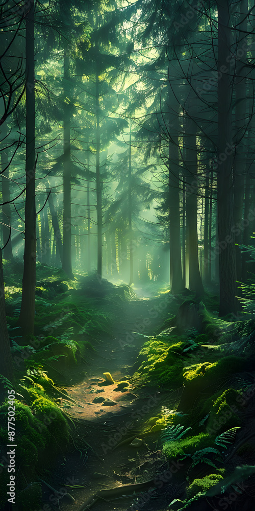 Obraz premium A minimalist forest path with light filtering through the trees.