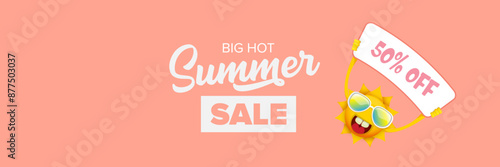 Summer Sale horizontal wide web banner. summer happy sun character holding sign or banner with special offer sale text isolated on soft pastel pink horizontal background. Summer sale