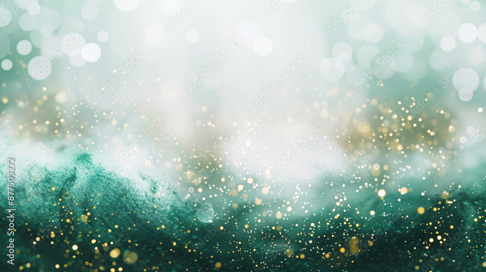 Abstract background with blurred green and gold sequins, sparkle, lights. Blurred shiny, glowing festive banner for Xmas, party, holiday, birthday, invitation. New Year and Christmas glitter wallpaper Abstract background with blurred green and gold sequins, sparkle, lights. Blurred shiny, glowing festive banner for Xmas, party, holiday, birthday, invitation. New Year and Christmas glitter wallpaper