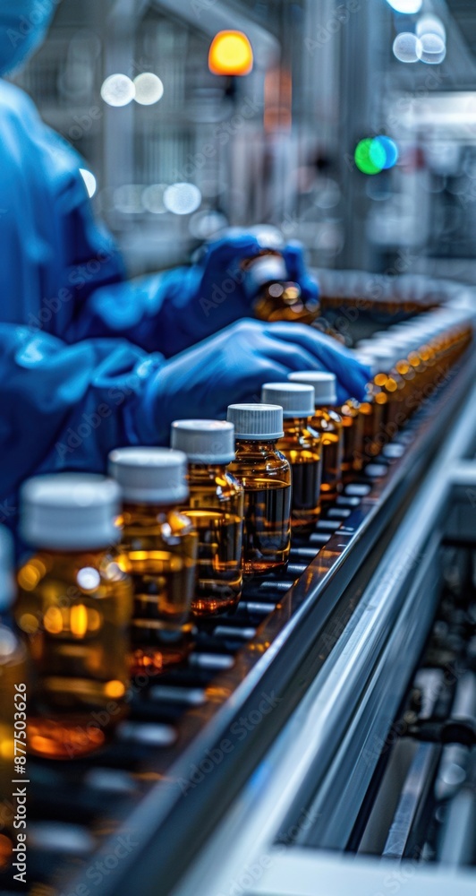 Pharmacist scientist with sanitary gloves examining medical vials on production line conveyor belt in pharmaceutical healthcare factory manufacturing prescription drugs medication mass production Pharmacist scientist with sanitary gloves examining medical vials on production line conveyor belt in pharmaceutical healthcare factory manufacturing prescription drugs medication mass production