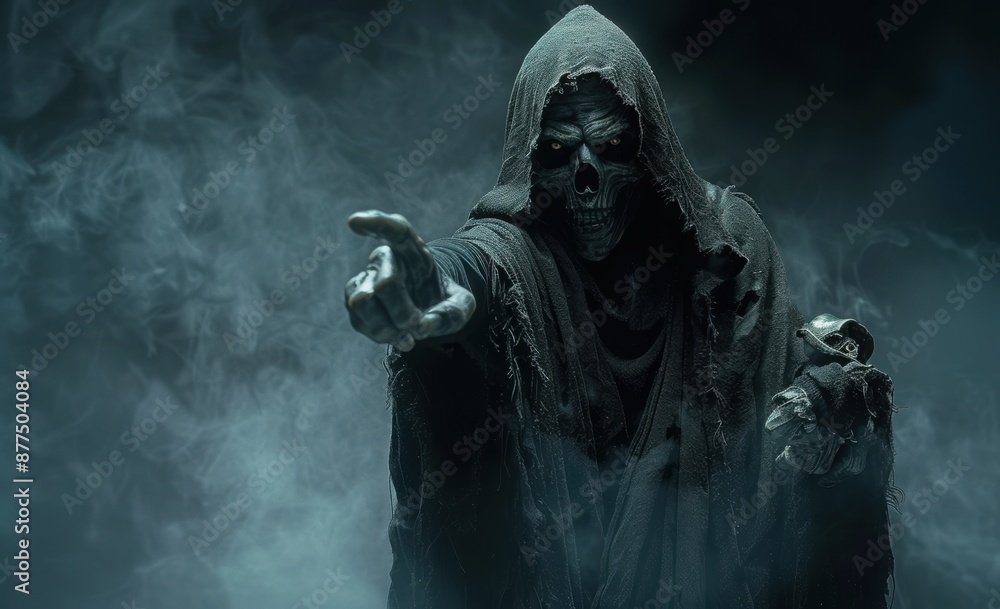 Grim reaper reaching towards the camera over dark background with copy space
Grim reaper reaching towards the camera over dark background with copy space