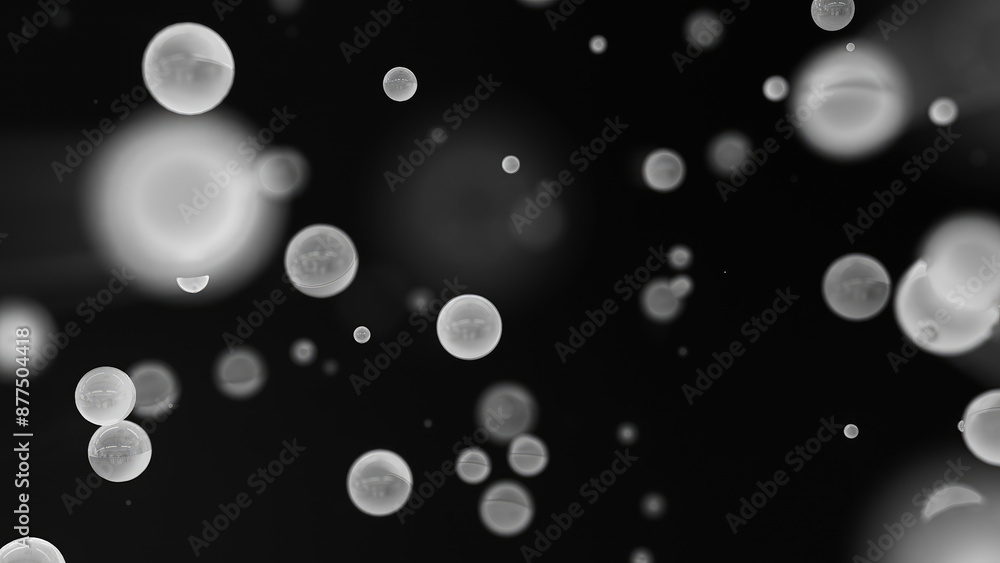 Abstract black and white glowing background with flying balls circles atoms molecules particles energy bubbles Abstract black and white glowing background with flying balls circles atoms molecules particles energy bubbles