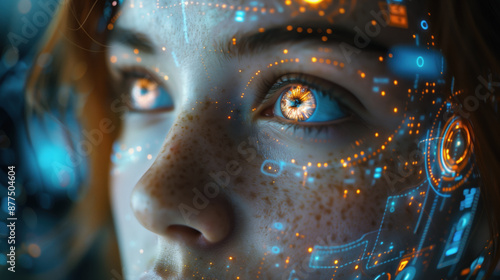 Close-up shot of a beautiful woman's face working with artificial intelligence technology. © Ravil Sayfullin