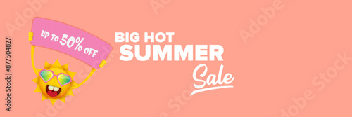 Summer Sale horizontal wide web banner. summer happy sun character holding sign or banner with special offer sale text isolated on soft pastel pink horizontal background. Summer sale