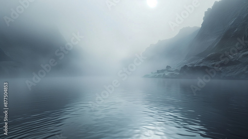 Shores of Avalon, mist over the river, fog on the lake. Generative AI © Sola
