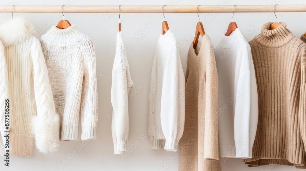 Fototapeta premium A row of white and tan knit sweaters hang on wooden hangers in a closet