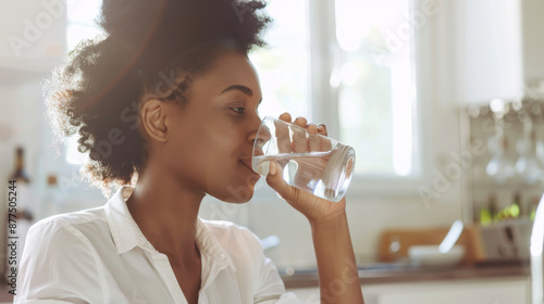 A woman drinks a glass of water in a sunlit kitchen, embodying freshness and hydration, with a relaxed smile and natural light highlighting the moment.