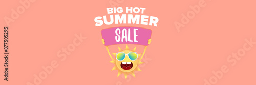 Summer Sale horizontal wide web banner. summer happy sun character holding sign or banner with special offer sale text isolated on soft pastel pink horizontal background. Summer sale