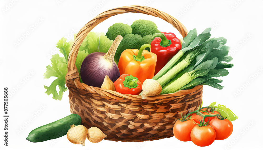 raw vegetables in wicker basket isolated on white raw vegetables in wicker basket isolated on white