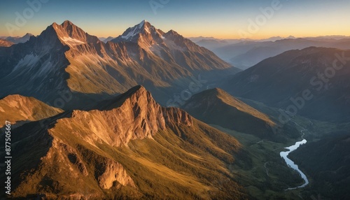 Majestic mountain peaks bathed in the golden hues of sunrise