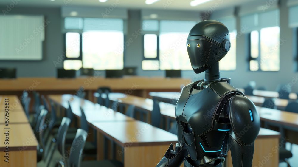A sleek, black humanoid robot stands in an empty classroom, highlighting the intersection of technology and education. A sleek, black humanoid robot stands in an empty classroom, highlighting the intersection of technology and education.