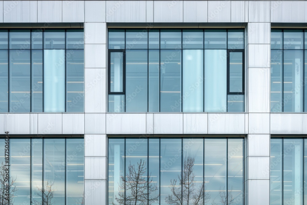 White aluminum composite panels are used in an office building. a glass and metal facade wall White aluminum composite panels are used in an office building. a glass and metal facade wall