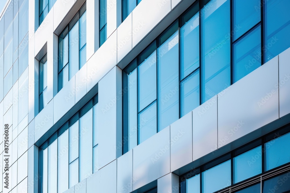 White aluminum composite panels are used in an office building. a glass and metal facade wall White aluminum composite panels are used in an office building. a glass and metal facade wall