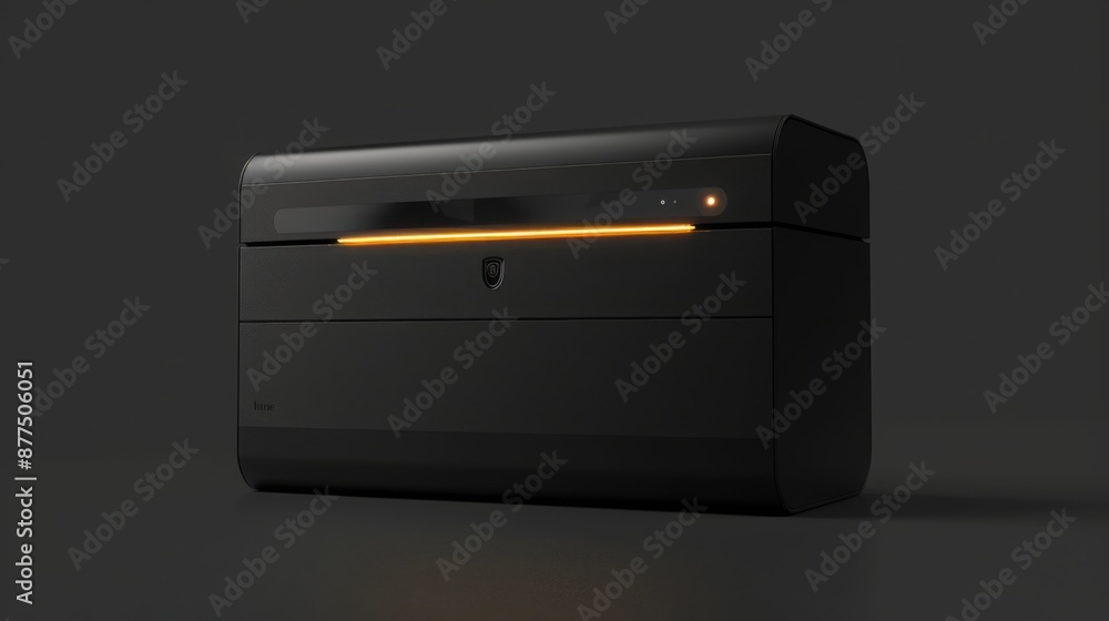 A black smart safe with an illuminated interior sits on a gray surface. A black smart safe with an illuminated interior sits on a gray surface.
