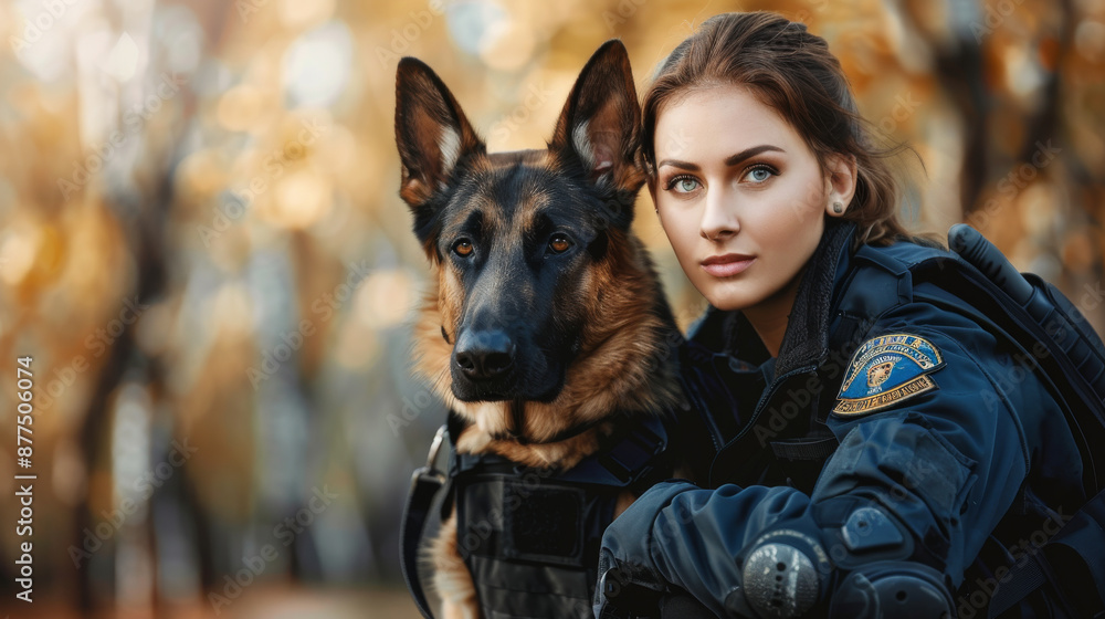 A confident female police officer and her loyal K9 companion pose in a serene autumn setting, exuding vigilance and camaraderie. A confident female police officer and her loyal K9 companion pose in a serene autumn setting, exuding vigilance and camaraderie.