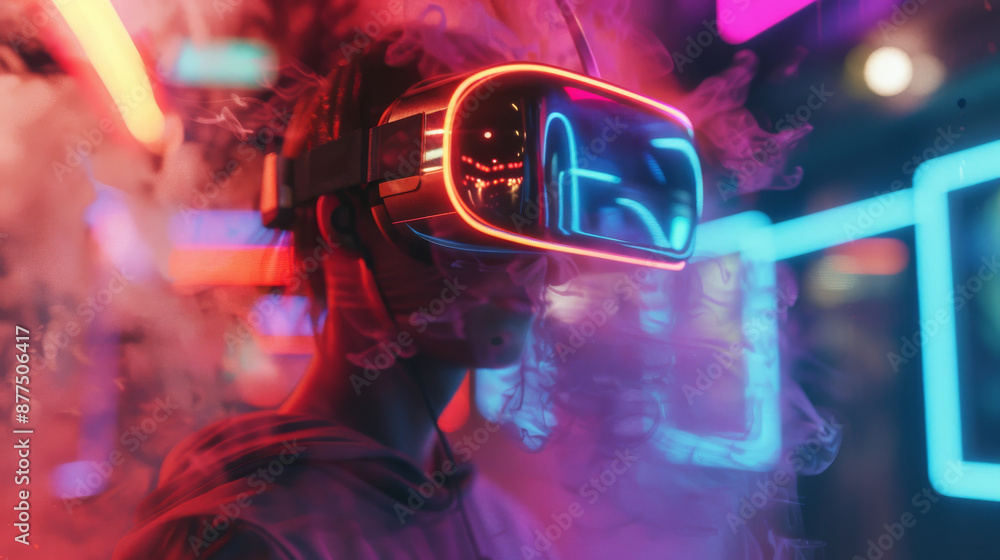 A person in a VR headset stands amidst a vibrant, neon-lit, smokey environment, capturing the enticing escapism of virtual worlds. A person in a VR headset stands amidst a vibrant, neon-lit, smokey environment, capturing the enticing escapism of virtual worlds.