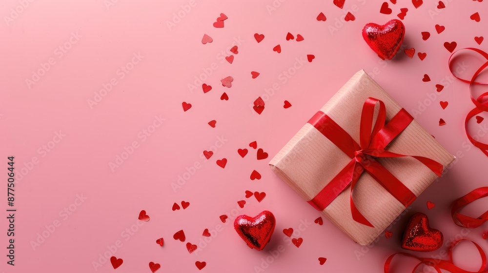 Valentine s Day theme with gift box and hearts on a pink backdrop Valentine s Day theme with gift box and hearts on a pink backdrop