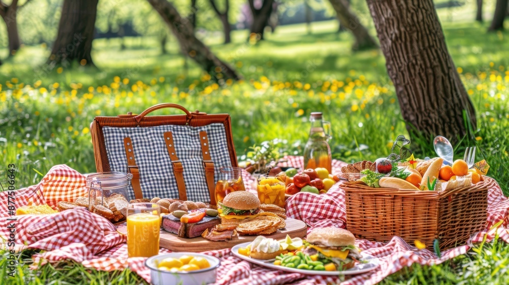 A picnic with a variety of food and drinks, including sandwiches, fruit A picnic with a variety of food and drinks, including sandwiches, fruit