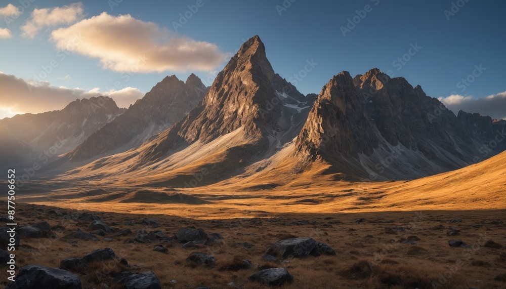 Naklejka premium Golden hour glow over majestic mountain peaks