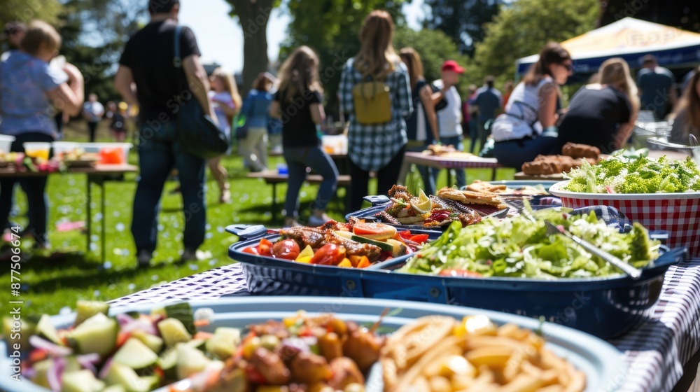 Obraz premium A group of people gathered around a picnic table with various food. feeding day