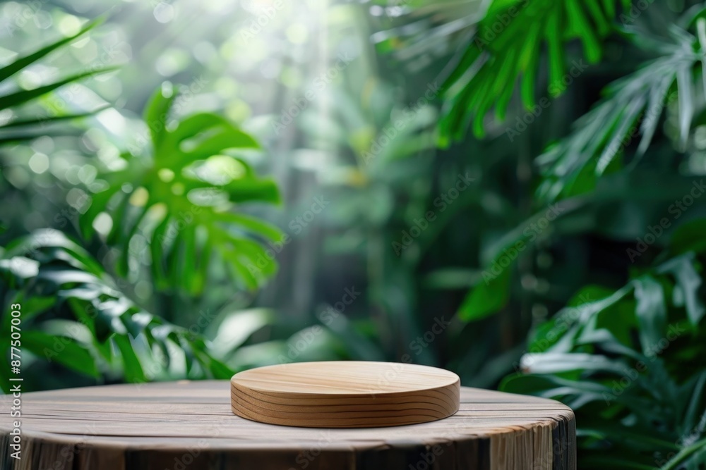Wooden podium with green leaves on jungle background. Natural product presentation mockup Wooden podium with green leaves on jungle background. Natural product presentation mockup