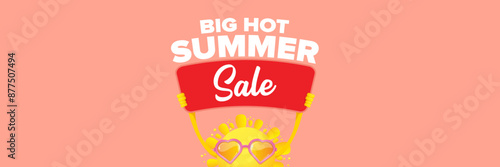 Summer Sale horizontal wide web banner. summer happy sun character holding sign or banner with special offer sale text isolated on soft pastel pink horizontal background. Summer sale
