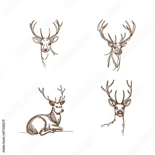 vector set of deer - line drawing sketch