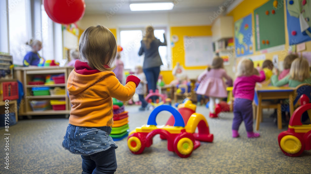 Teacher teaching and playing with little children in a colorful kindergarten preschool classroom full of toys