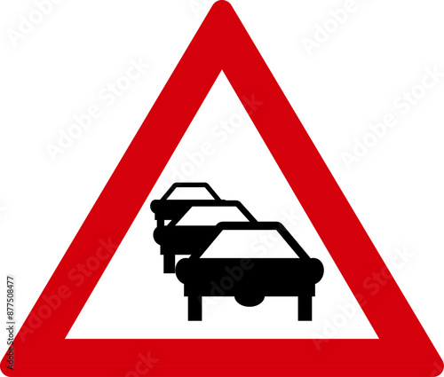 Red, white and black colored illustration of warning sign traffic jam. Illustration made July 8th, 2024, Zurich, Switzerland.