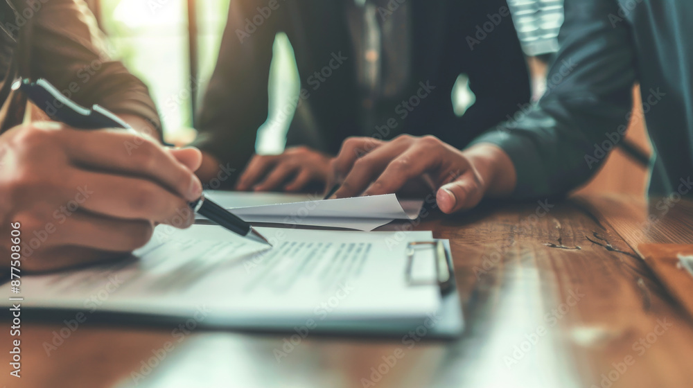 Two individuals collaborate over paperwork at a wooden table, capturing the focus and attentiveness of a professional setting. Two individuals collaborate over paperwork at a wooden table, capturing the focus and attentiveness of a professional setting.