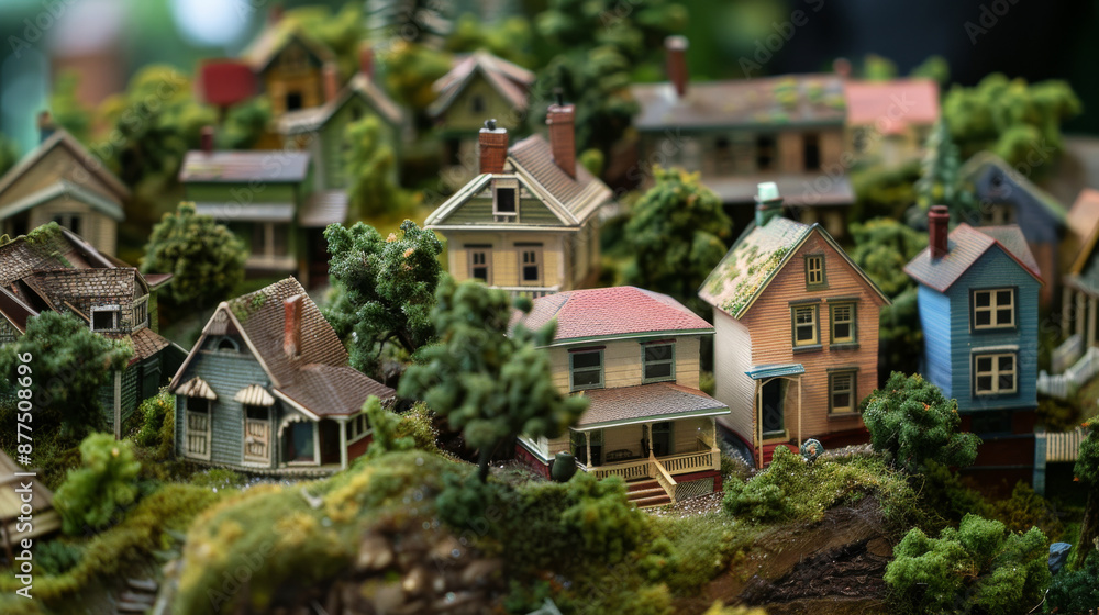 Detailed miniature model of a neighborhood with various houses, trees, and greenery, meticulously crafted in a charming, lifelike manner. Detailed miniature model of a neighborhood with various houses, trees, and greenery, meticulously crafted in a charming, lifelike manner.