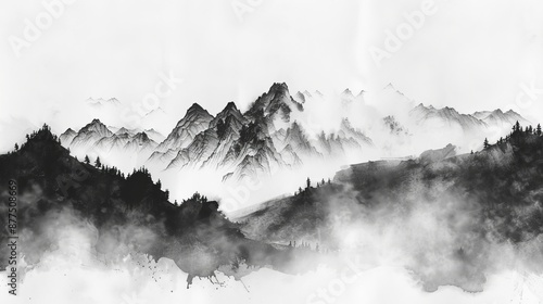 Minimalist ink painting of a misty mountain against a white background.

