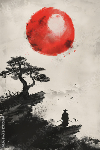A minimalist illustration of a lone samurai on a cliff with a red sun in the background. Perfect for themes of Japanese culture and tradition.

