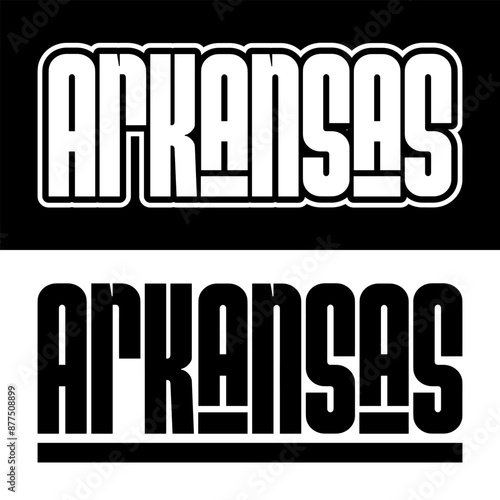 Arkansas text effect vector. Editable college t-shirt design printable text effect vector. Black and white text effect vector. photo