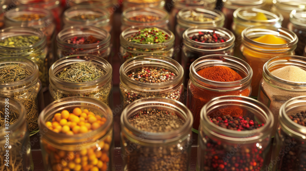 A colorful array of diverse spices neatly displayed in glass jars, capturing the rich textures and vibrant hues of culinary ingredients. A colorful array of diverse spices neatly displayed in glass jars, capturing the rich textures and vibrant hues of culinary ingredients.