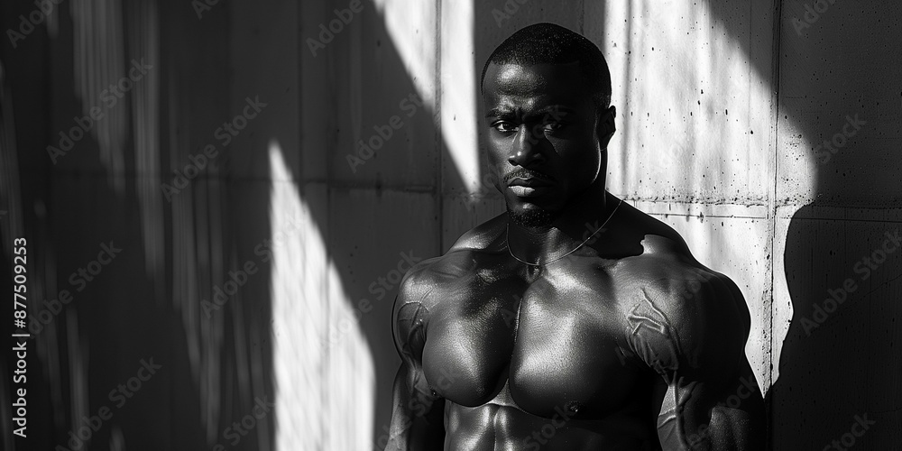 Muscular Shadow Play: Dramatic Lighting in Black and White, generative ai Muscular Shadow Play: Dramatic Lighting in Black and White, generative ai