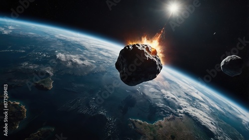 a astroid orbiting around earth from space background photo