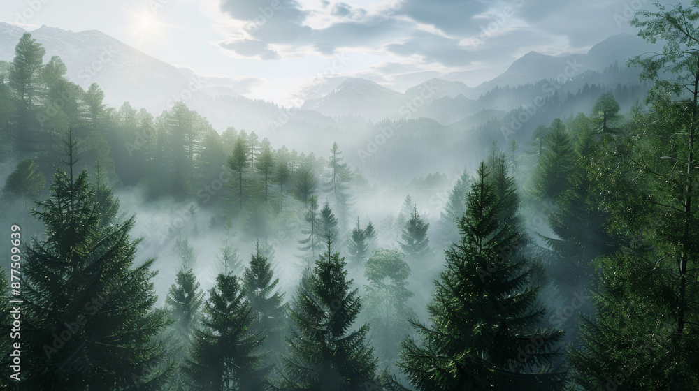 A serene, mist-covered valley stretches out with lush pine trees and distant mountains, bathed in soft morning light and enveloped in gentle fog. A serene, mist-covered valley stretches out with lush pine trees and distant mountains, bathed in soft morning light and enveloped in gentle fog.