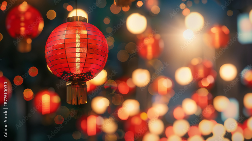 Delicate, glowing red lanterns float against a dark sky as lights twinkle around, crafting a magical scene of celebration and cultural festivity. Delicate, glowing red lanterns float against a dark sky as lights twinkle around, crafting a magical scene of celebration and cultural festivity.