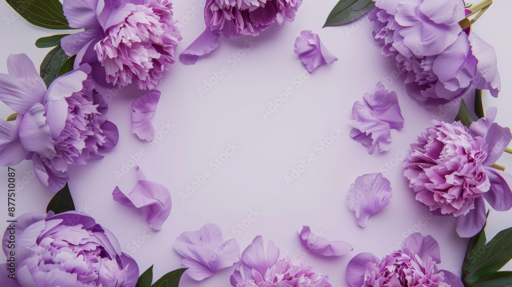 A delicate arrangement of vibrant purple flowers and petals forms a circular frame on a soft purple background. A delicate arrangement of vibrant purple flowers and petals forms a circular frame on a soft purple background.