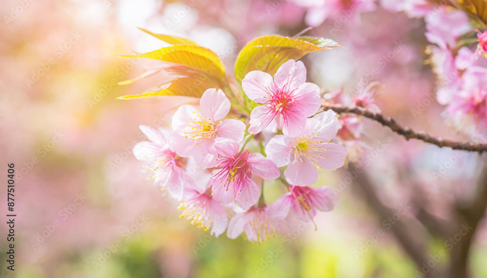 Spring banner, branches of blossoming cherry against background of blue sky and butterflies on nature outdoors. Pink sakura flowers, dreamy romantic image spring, landscape panorama, copy space. Spring banner, branches of blossoming cherry against background of blue sky and butterflies on nature outdoors. Pink sakura flowers, dreamy romantic image spring, landscape panorama, copy space.