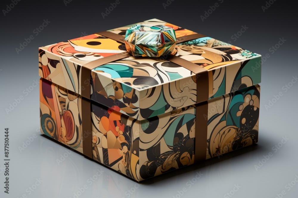 Exquisite gift box with vibrant, ornamental patterns and an intricate bow, presented on a reflective surface Exquisite gift box with vibrant, ornamental patterns and an intricate bow, presented on a reflective surface