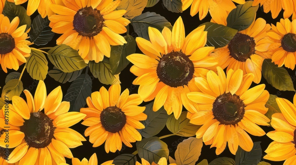 vibrant seamless pattern of cheerful yellow sunflowers in full bloom bold graphic style with rich textures and playful arrangement of petals and leaves vibrant seamless pattern of cheerful yellow sunflowers in full bloom bold graphic style with rich textures and playful arrangement of petals and leaves