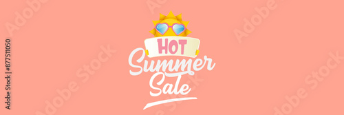 Summer Sale horizontal wide web banner. summer happy sun character holding sign or banner with special offer sale text isolated on soft pastel pink horizontal background. Summer sale
