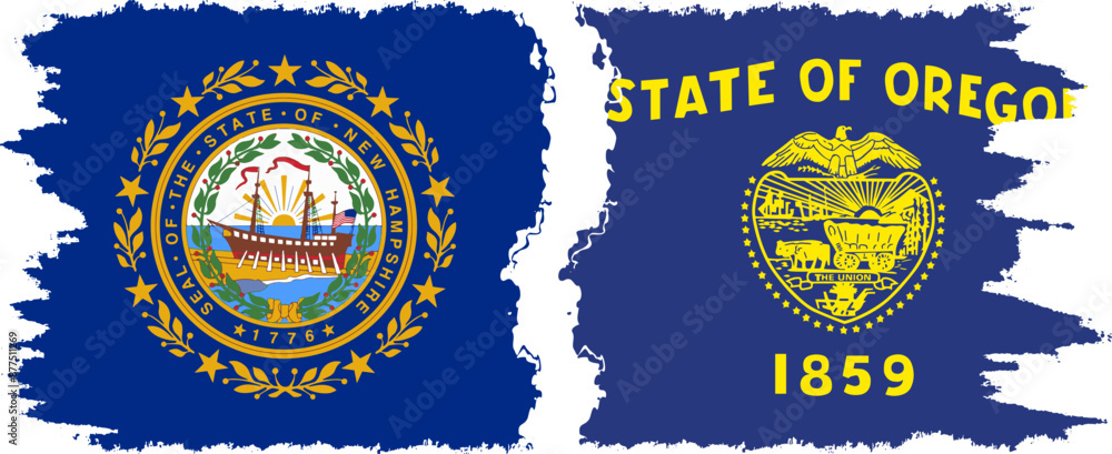 Oregon and New Hampshire states grunge brush flags connection vector Oregon and New Hampshire states grunge brush flags connection vector