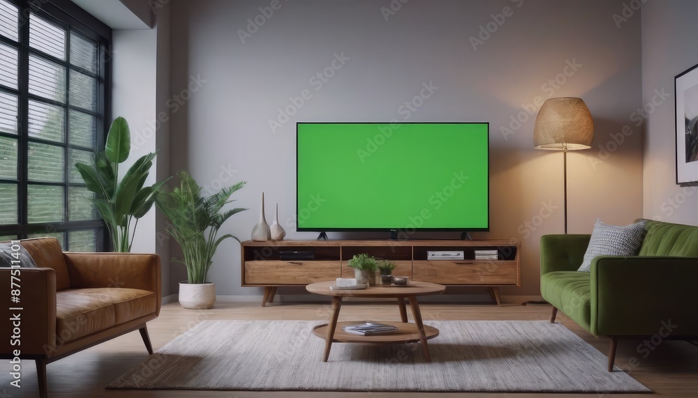 Stylish living room setup with a green screen TV and neutral color palette Stylish living room setup with a green screen TV and neutral color palette