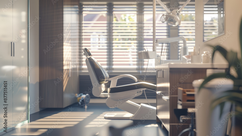Sunlit modern dental office with a sleek dental chair and equipment neatly arranged, offering a clean and professional atmosphere. Sunlit modern dental office with a sleek dental chair and equipment neatly arranged, offering a clean and professional atmosphere.
